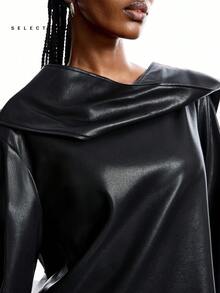 LYSMO 2025 Women's Chic Minimalism Cowl Neck Black Leather Top,Autumn Winter Fashionable Solid Color Commuter Jacket,Formal Evening Night Out Design Tops - Black - View 10