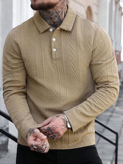 Manfinity Homme Camisa polo de manga larga casual con botones de unicolor para hombre