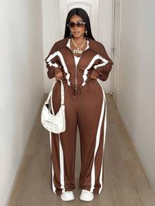 Maweii 两件套女士加大码休闲套装，条纹拼接翻领卫衣外套搭配宽松口袋裤，时尚街头通勤套装，秋冬款 - 棕色 - 查看 3