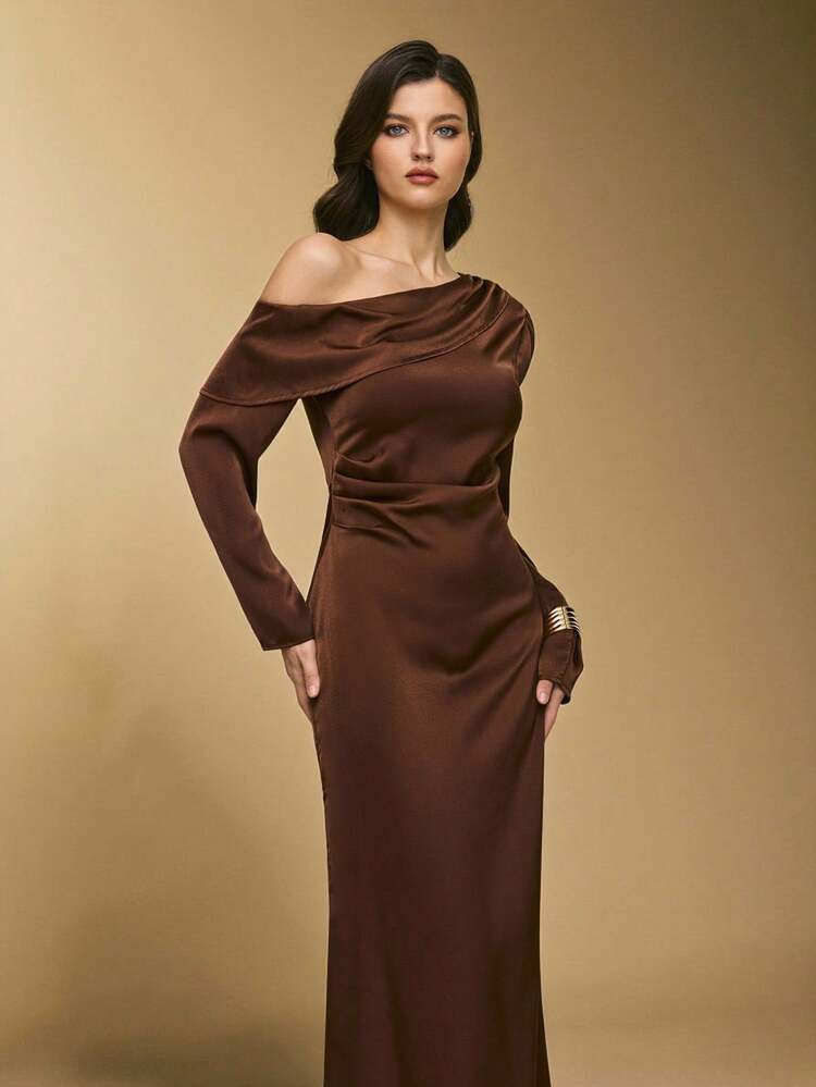 Poéselle Women's Elegant Coffee Brown Satin One-Shoulder Maxi Dress,Long- Sleeve Asymmetric Draped Gown,Autumn Wedding Guest Cocktail & Holiday Party Outfit