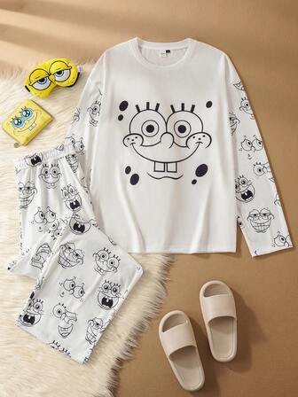 SpongeBob SquarePants | SHEIN Herrset med sött tecknat tryck, nedsänkt axel, löst sittande långärmad topp och byxor, vår/höst, vinterkläder