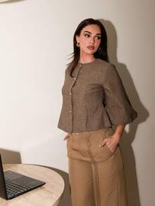 Bris Aura 优雅复古法式女式浪漫约会奢华高端设计人字形圆领短款灯笼袖收腰金属纽扣西装外套 - 彩色 - 查看 5