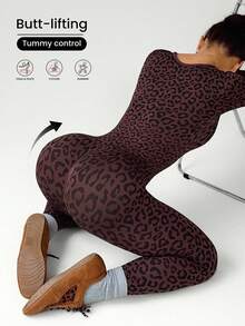SHEIN Dewbera Women's Seamless Leopard Print Long Sleeve Jumpsuit - Multicolor - View 3