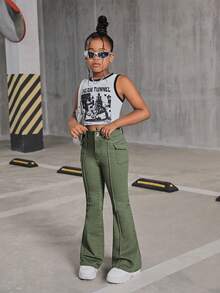 SHEIN Tween Girl Y2K Fashion Retro Style Flap Detail Seam Detail Denim Flare Leg Jeans , Fall Clothes Back To School - Army Green - View 6