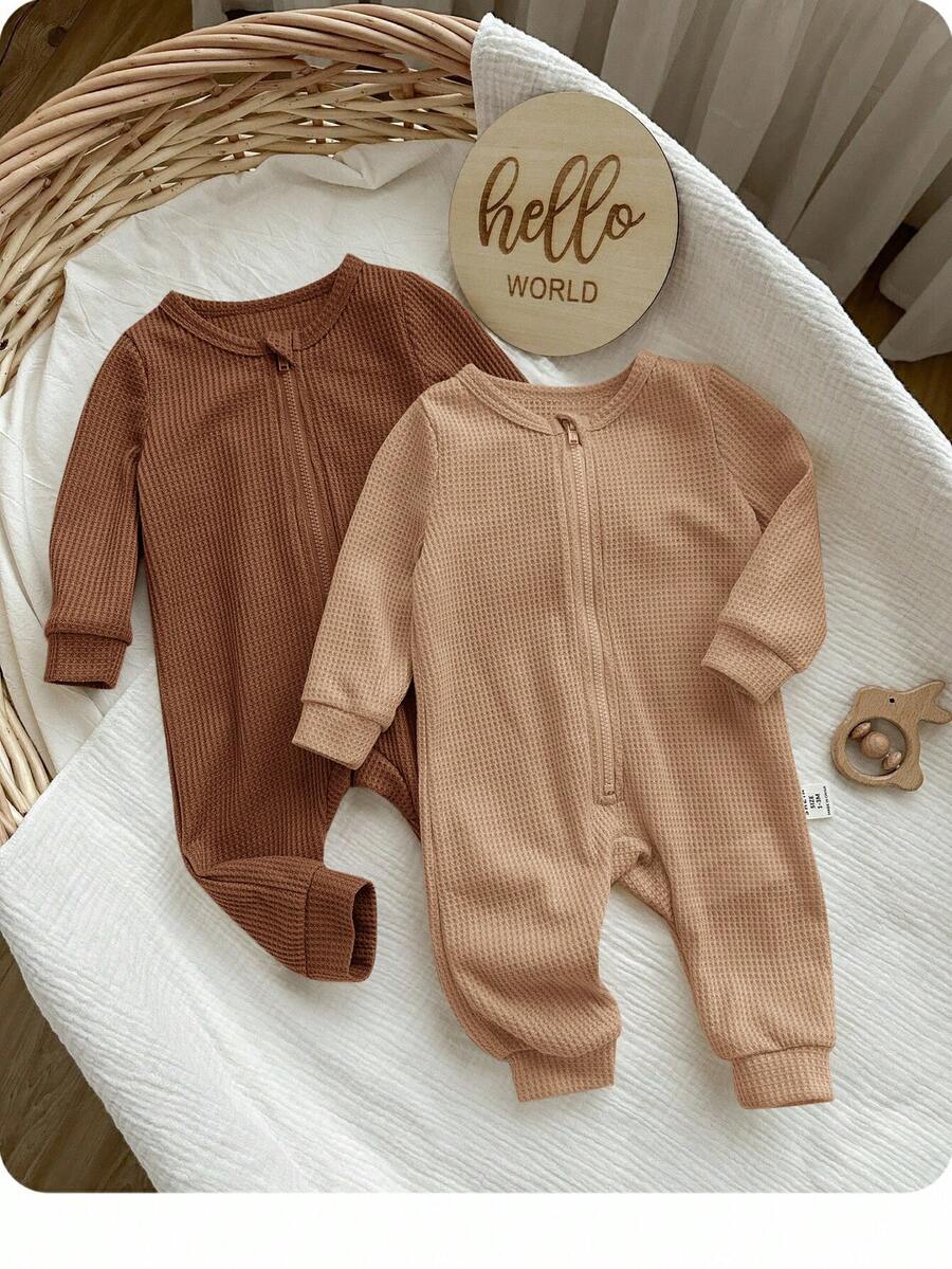 SHEIN 2pcs Newborn Baby Girl Cute Solid Color Knitted Long Sleeve Romper, Autumn/Winter - Brown - View 1