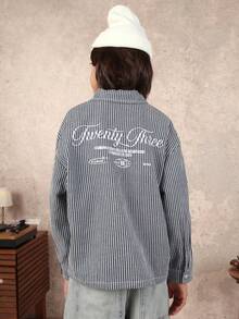 SUMWON Boys Stripe Button Down Shirt With Embroidered Logo Detail Long Sleeve Collared Top - Navy Blue - View 1