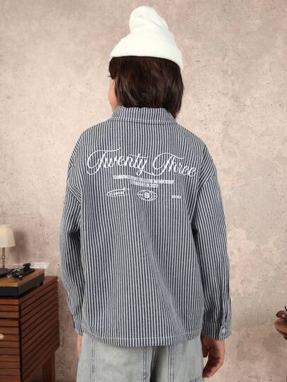 SUMWON Randig skjorta med broderad logotyp och långärmad krage för pojkar