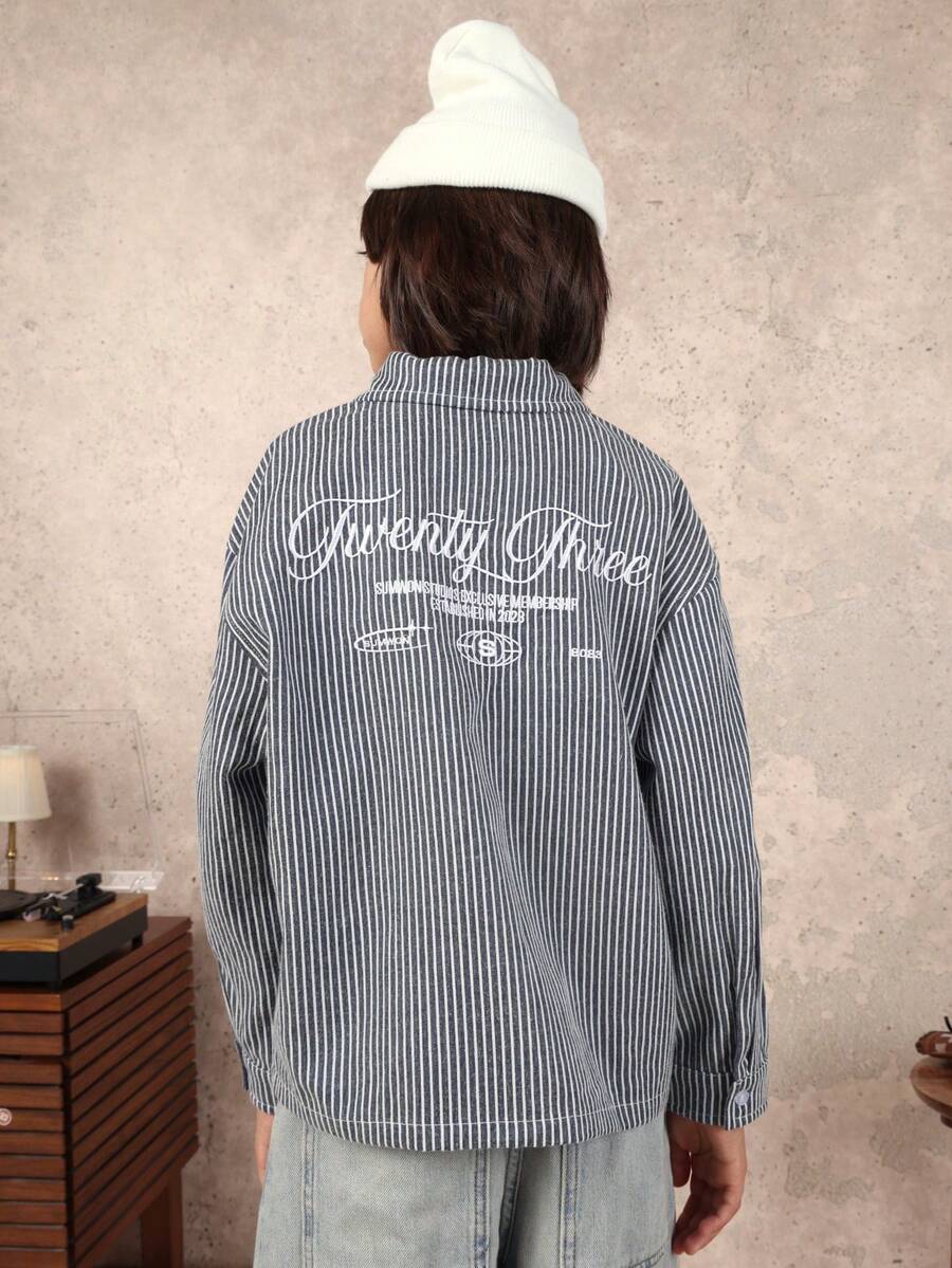 SUMWON Boys Stripe Button Down Shirt With Embroidered Logo Detail Long Sleeve Collared Top - Navy Blue - View 1