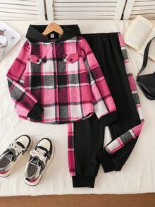 Sparklyn 2 pièces/Set Veste à capuche décontractée à manches longues pour filles, en tissu tricoté à carreaux rose rouge avec fausses poches et design à boutons devant + Pantalon ample et confortable à cordon de serrage en patchwork à carreaux rose rouge, convient pour les sorties et les rassemblements quotidiens - Rose vif - Voir 3