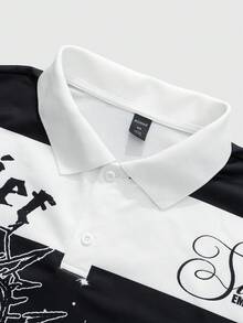 ROMWE MEN Men's Polo Shirt, Casual Spring/Summer Street Style American Short Sleeve Polo Shirt - Black and White - View 8