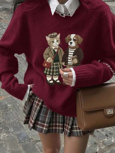 Muchica Women's Burgundy College Style Cat & Dog Sweater ,Adorable Home Wear Perfect For Autumn/Winter. Women's Comfortable Seasonal Clothing, Part Of The Autumn/Winter Women's Collection. Ideal For Back-To-,Sweaters For Women