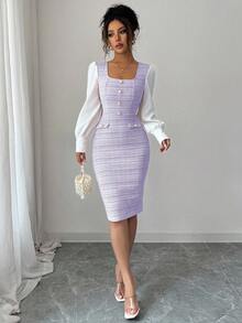 Elenzga Elegant Romantic Plaid Patchwork Square Neck Waist Fitted Bodycon Dress For Women - Multicolor - View 4