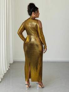 Elenzga Vestido elegante de unicolor y diseño de corte calado, de alta gama, talla grande - Dorado - Ver 2