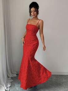 Rafferiza Vestido de fiesta azul para mujer con textura floral de satén sin mangas y versátil - Burdeos - Ver 4