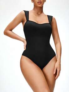SHEIN 1 pièce Combinaison moulante minimaliste de tous les jours pour femmes, de couleur unie, galbant la taille et l'abdomen, avec un entre-jambes confortable à boutons-pression, facile à enfiler et à retirer - Noir - Voir 4