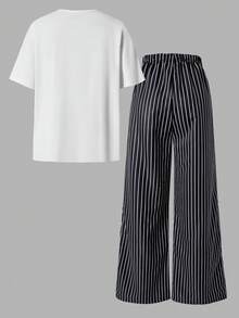 SHEIN 欧美风儿童夏季套装，宽松休闲短袖T恤，高腰黑白条纹阔腿裤，两件套，INS品牌，适合初中和高中学生，校园运动风，适合居家或户外穿着。 - 黑色 - 查看 4