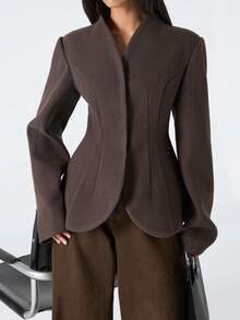 LYSMO 2025 New Arrive Minimalism Winter  Solid Color Waist Cinched Blazer, Fashionable For Commuting, Autumn/Winter Brown Blazer Women Brown Jacket Women Women S Blazers Suit Jacket For Women Dress Jacket,New Year Clothes,New Year Look - Coffee Brown - View 4