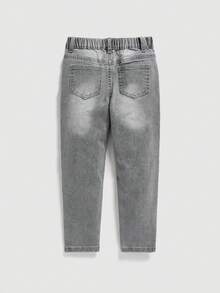 SHEIN 男童秋冬复古街头酷炫风做旧休闲简约深蓝色牛仔破洞磨边高弹修身牛仔裤，新品上市，返校季必备，街头潮流单品 - 淺灰色 - 查看 2