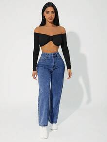 SHEIN PETITE Women's High Waist Pockets Straight Leg Casual Versatile Jeans - Blue - View 6