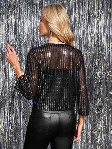 SHEIN Clasi Women's Black Versatile Elegant Party Shiny Rhinestone Chain Thin Jacket Winter  Christmas New Year Thanksgiving Sexy Black - Black - View 2