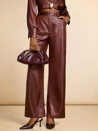 SHEIN Veneréa Dambyxor i konstläder med asymmetrisk textur och D-ringdekoration i midjan