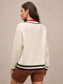 Activina Women's Golf & Tennis V-Neck Raglan Long Sleeve Striped Sweater - White - View 2