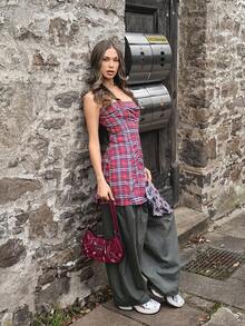 SHEIN Unity Vintage Plaid Patchwork Asymmetrical Hem Mini Dress For Women, Suitable For Dates,Summer Dresses For Women - Multicolor - View 5