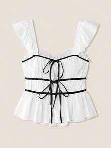 Muvela Women's Linen Front Tie Ruched Short Sleeve Top - Black - View 1