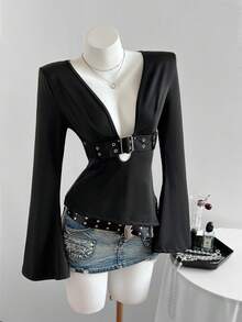 Elamini Áo thun dài tay thiết kế lỗ khóa màu trơn phong cách Y2K Gyaru dành cho nữ, áo đi chơi, áo dự tiệc - màu đen - Xem 3