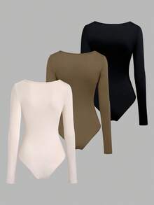 Sweetra 3pcs/Set Women's Long Sleeve Bodysuit In Apricot, Coffee Brown, Black, Slim Fit Minimalist Commuter Versatile