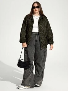 Enliva 大码女式宽松豹纹拉链外套，带口袋细节，适合秋冬季节穿着，情人节、爱情、礼物、浪漫、情人节快乐、2026、新年 - 彩色 - 查看 4