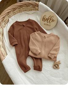 SHEIN 2pcs Newborn Baby Girl Cute Solid Color Knitted Long Sleeve Romper, Autumn/Winter - Brown - View 3