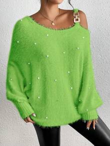 RosyDaze Asymmetric Neckline Faux Pearl Detail Metal Ring Decor Long Sleeve Pullover Sweater - Mint Green - View 4