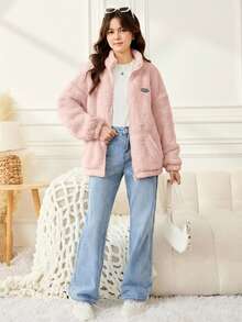 SHEIN 少女款纯色双面抓绒拼接领休闲外套