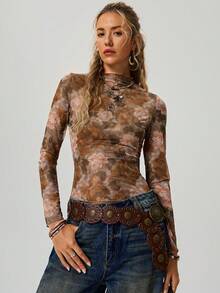 Freevana Women's Casual Vacation Style Floral Print Funnel Neck Long Sleeve Fitted Cropped Top, Autumn Boho Women Clothing Western Sheer Top Romantic - Multicolor - View 7