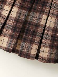 SHEIN 女童二合一短袖衬衫和格子百褶裙休闲套装 - 棕色 - 查看 7