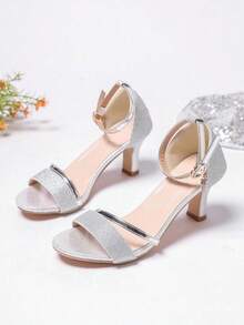 Sandalia de mujer brillo elegante punta abierta pulsera tobillo tacón medio estilo fiesta para eventos y noches - Plateado - Ver 7