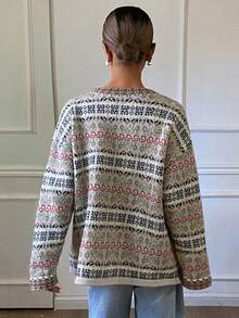 DAZY Women's Contrast Color Jacquard Loose Long Sleeve Round Neck Placket Elegant Formal Knit Cardigan, Autumn/Winter