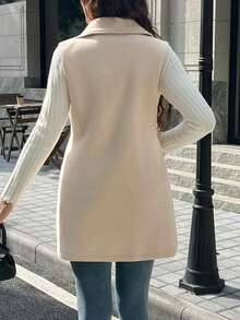 SHEIN Maternity Casual Solid Color Turndown Collar Sleeveless Jacket, Autumn/Winter - Apricot - View 2