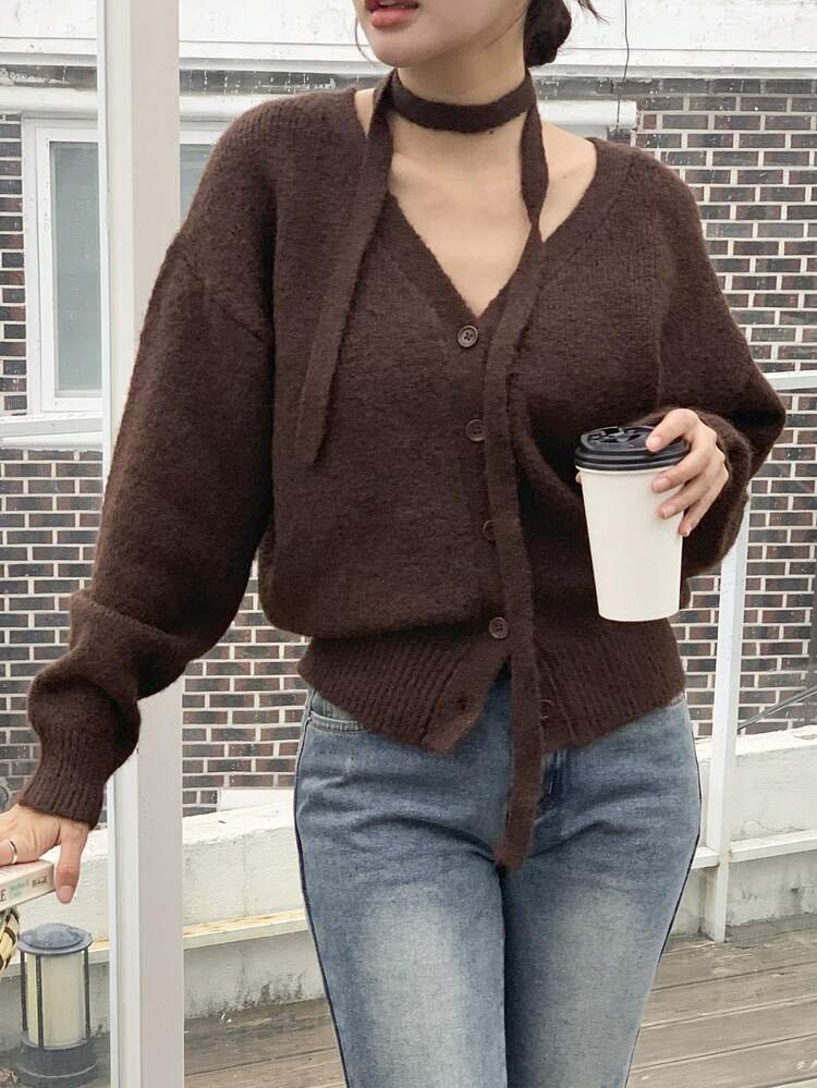 Women's V-Neck Soft Cardigan With Scarf, Versatile And Elegant
