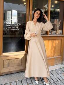 Serisse Elegant Beige Autumn Women's Lantern Sleeve Long Maxi Dress,Brunch Wedding Guest Outfits,French Modest Pleated Puffy Dress,Business Casual Office Wear - Apricot - View 5