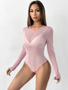 SHEIN PETITE See Through Mesh Bodysuit Without Lingerie - Pink - View 5