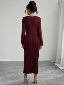 Momance 女士孕妇宽松方领罗纹喇叭下摆长袖针织毛衣连衣裙，舒适优雅 - 酒紅色 - 查看 2