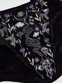 ROMWE Gothic Snake & Plant Embroidered Velvet Bodysuit - Black - View 4