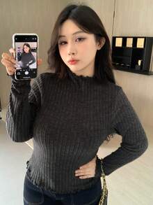 Dazy Plus 大码女式弹力修身罗纹长袖T恤 - 深灰色 - 查看 7