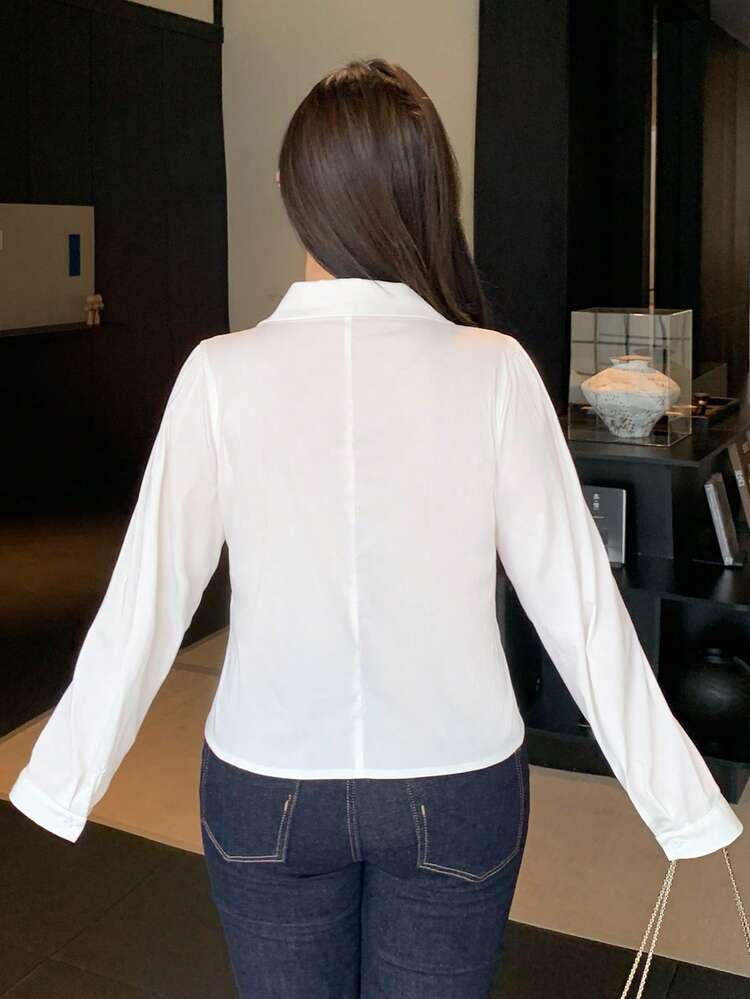Dazy Plus Fashionable Casual Fitted Pleated Slimming Versatile Commuting Cropped Long Sleeve White Shirt