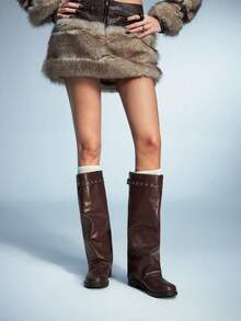 Sugerpunk Women's Fashion Commuter Adjustable Buckle Zipper Knee-High Boots For Christmas - Brown - View 2