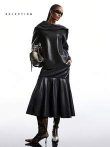LYSMO 2025 Women's Chic Minimalism Cowl Neck Black Leather Top,Autumn Winter Fashionable Solid Color Commuter Jacket,Formal Evening Night Out Design Tops - Black - View 7