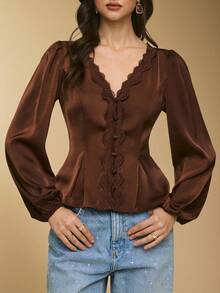 Poéselle Women's Shirt Satin Lace-Trim Peplum Blouse – Chocolate Brown V-Neck Button-Front Top With Balloon Sleeves & Tie-Back Waist Satin Blouse Women Lace Trim Top Chocolate Brown Blouse Peplum Shirt V Neck Button Front Romantic Date Night Top Tie Back Blouse Fall Chic Women's Solid Color Contrast Lace V-Neck Lantern Sleeve Single-Breasted Elegant Blouse Brown Blouse New Year Women's Winter For Women - Brown - View 3