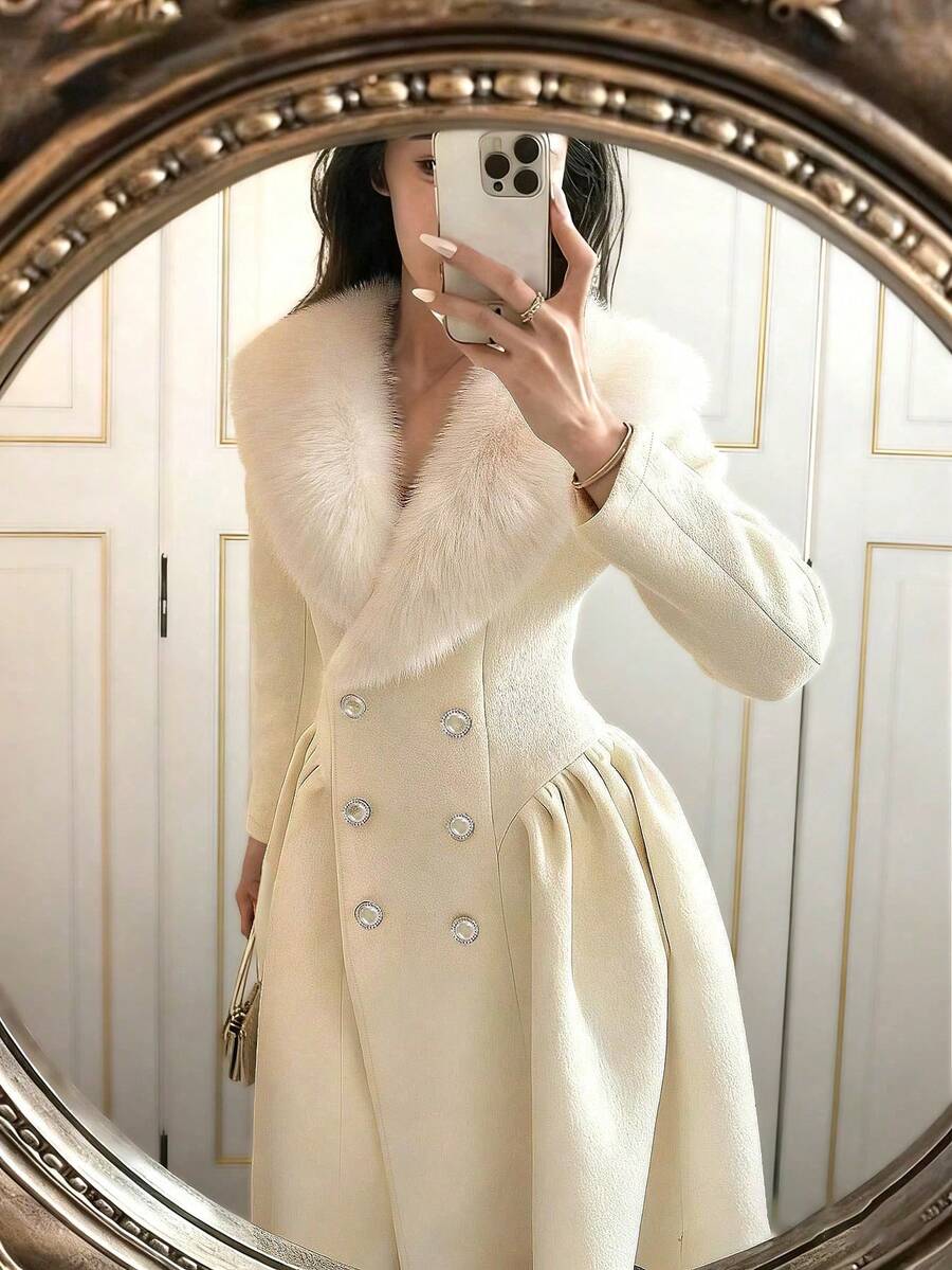 Glamine 优雅宫廷风浪漫少女仿毛领珍珠纽扣装饰外套，青春学院风，时尚街头风羊毛混纺女式外套，冬季 - 杏色 - 查看 1